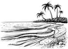Plage d'océan ou de mer avec des paumes et des vagues, croquis Illustration noire et blanche de vecteur illustration de vecteur Plage d'océan ou de mer avec des paumes et des vagues, croquis Illustration noire et blanche de vecteur illustration de vecteur