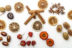 Plakken van droge sinaasappelen, kaneel, droge aardbeien, eikels, anijsplantbloem, denneappels en pompoenen royalty-vrije stock foto's Plakken van droge sinaasappelen, kaneel, droge aardbeien, eikels, anijsplantbloem, denneappels en pompoenen royalty-vrije stock foto's