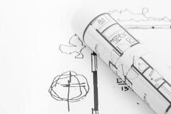 plan för arkitekt 3d framför rullar arkivbild plan för arkitekt 3d framför rullar arkivbild