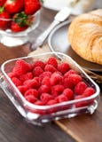 Plan rapproché sur des framboises dans un récipient en plastique sur un banc en bois photographie stock Plan rapproché sur des framboises dans un récipient en plastique sur un banc en bois photographie stock