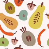 Plan sömlös modell med papayaen, röd peppar, andra frukter och kryddan Tropisk bakgrund för sommarmat Vektorbild, clipart royaltyfri illustrationer Plan sömlös modell med papayaen, röd peppar, andra frukter och kryddan Tropisk bakgrund för sommarmat Vektorbild, clipart royaltyfri illustrationer