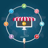 Plana symboler för designvektorillustration av e-kommers symboler, marknadsföring, online-shopping Arkivbild Plana symboler för designvektorillustration av e-kommers symboler, marknadsföring, online-shopping Arkivbild