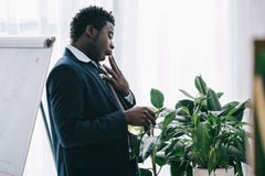 planta de riego afroamericana soñolienta del hombre de negocios fotografía de archivo libre de regalías planta de riego afroamericana soñolienta del hombre de negocios fotografía de archivo libre de regalías