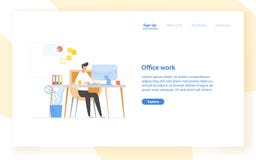 Plantilla de la bandera de la web con el programador o el codificador que se sienta en el escritorio y el trabajo Trabajo de ofic ilustración del vector Plantilla de la bandera de la web con el programador o el codificador que se sienta en el escritorio y el trabajo Trabajo de ofic ilustración del vector