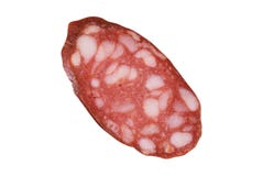 Plasterek odizolowywający na bielu salami zdjęcia stock Plasterek odizolowywający na bielu salami zdjęcia stock