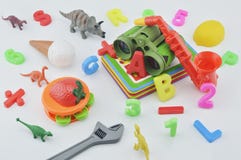 Plastic toys on white background, children education concept royalty free stock photo Plastic toys on white background, children education concept royalty free stock photo