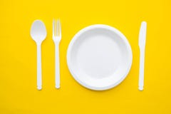 Download Plastic White Fork Knife Spoon And Plate On Yellow Background Cooking Utensil Top View Minimalist Style Copy Empty Space Stock Image Image Of Cook Food 166888501 Yellowimages Mockups