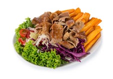 Plat de chiche-kebab de Doner de turc sur le fond blanc photo libre de droits Plat de chiche-kebab de Doner de turc sur le fond blanc photo libre de droits