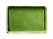 Plat rectangulaire vide, plat vert de céramique, vue d'en haut d'isolement sur le fond blanc avec le chemin de coupure images stock Plat rectangulaire vide, plat vert de céramique, vue d'en haut d'isolement sur le fond blanc avec le chemin de coupure images stock