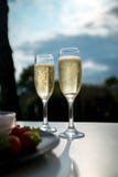Champagne and strawberries during sunset royalty free stock photography Champagne and strawberries during sunset royalty free stock photography
