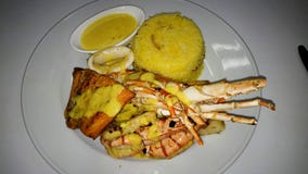 Plateau grillé délicieux de fruits de mer avec de la sauce à beurre de citron photos libres de droits Plateau grillé délicieux de fruits de mer avec de la sauce à beurre de citron photos libres de droits