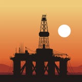 Plates-formes pétrolières, bateau et coucher du soleil dans l'océan illustration libre de droits Plates-formes pétrolières, bateau et coucher du soleil dans l'océan illustration libre de droits