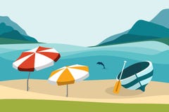 Playa del verano con los paraguas del color Diseño plano stock de ilustración Playa del verano con los paraguas del color Diseño plano stock de ilustración