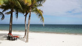 Playa tropical con las palmeras y el salón almacen de metraje de vídeo Playa tropical con las palmeras y el salón almacen de metraje de vídeo
