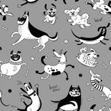 Playing dogs seamless pattern. Funny lap-dog, happy pug, mongrels and other breeds. Vector background for design stock illustration Playing dogs seamless pattern. Funny lap-dog, happy pug, mongrels and other breeds. Vector background for design stock illustration