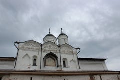 Domes of the temple against the gray sky in the Kremlin of the city of Uglich of the Yaroslavl region stock photos Domes of the temple against the gray sky in the Kremlin of the city of Uglich of the Yaroslavl region stock photos