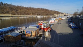 Pleasure boats parked on the Vltava pier in Prague royalty free stock photography Pleasure boats parked on the Vltava pier in Prague royalty free stock photography