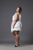 Plus size fashion model in casual clothes, fat woman on gray background, overweight female body Royalty Free Stock Image Plus size fashion model in casual clothes, fat woman on gray background, overweight female body Royalty Free Stock Image