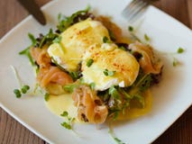 Poached eggs on a plate. Close-up of baked spicy eggs with salmo royalty free stock images Poached eggs on a plate. Close-up of baked spicy eggs with salmo royalty free stock images