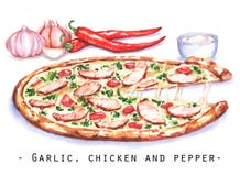 Pociągany ręcznie akwareli ilustracja pizza z kurczaka mięsem, czosnkiem i gorącym chili pieprzem, Zdjęcia Stock Pociągany ręcznie akwareli ilustracja pizza z kurczaka mięsem, czosnkiem i gorącym chili pieprzem, Zdjęcia Stock