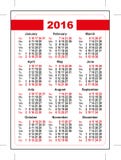 2016 pocket calendar. First day Sunday. Vertical orientation days of week. Illustration in vector format royalty free illustration 2016 pocket calendar. First day Sunday. Vertical orientation days of week. Illustration in vector format royalty free illustration