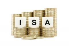 ISA (Indywidualny oszczędzania konto) na złocistych monetach na białym backgrou fotografia stock ISA (Indywidualny oszczędzania konto) na złocistych monetach na białym backgrou fotografia stock