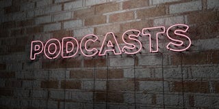 PODCASTS - Glowing Neon Sign on stonework wall - 3D rendered royalty free stock illustration royalty free illustration PODCASTS - Glowing Neon Sign on stonework wall - 3D rendered royalty free stock illustration royalty free illustration