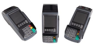 Point of sale, credit card reader payment terminal. set of credit card swipe machine from 3 side isolated on white background stock photos Point of sale, credit card reader payment terminal. set of credit card swipe machine from 3 side isolated on white background stock photos