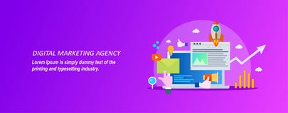 Pojęcie dla cyfrowej marketingowej agenci na fiołkowym tle ilustracji Pojęcie dla cyfrowej marketingowej agenci na fiołkowym tle ilustracji