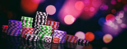 Poker chips piles and dice on abstract bokeh background, banner, copy space. 3d illustration vector illustration Poker chips piles and dice on abstract bokeh background, banner, copy space. 3d illustration vector illustration