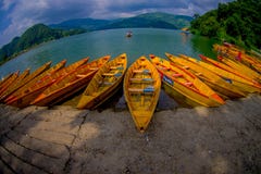 POKHARA, НЕПАЛ - 4-ОЕ НОЯБРЯ 2017: Закройте вверх деревянных желтых шлюпок в ряд на озере Begnas в Pokhara, Непале, глазе рыб стоковая фотография POKHARA, НЕПАЛ - 4-ОЕ НОЯБРЯ 2017: Закройте вверх деревянных желтых шлюпок в ряд на озере Begnas в Pokhara, Непале, глазе рыб стоковая фотография