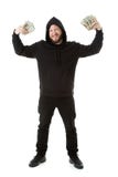 Police: Criminal With Handfuls Of Stolen Cash Stock Photos Police: Criminal With Handfuls Of Stolen Cash Stock Photos