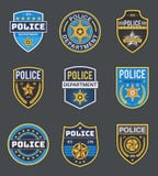 Police labels. Policeman law enforcement badges. Sheriff, marshal and ranger logo, police star medallions, security