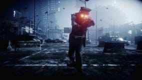 Police zombie in dark destroyed city. Fog dramatic night. Zombie apocalypse concept. 3d rendering. royalty free illustration Police zombie in dark destroyed city. Fog dramatic night. Zombie apocalypse concept. 3d rendering. royalty free illustration