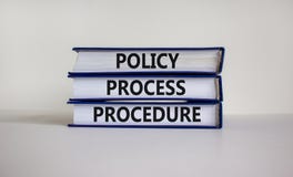 Policy, process, procedure symbol. Books with words `Policy, process, procedure` on beautiful white table, white background.