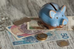 Polish zloty and piggy bank on the wooden background stock photo Polish zloty and piggy bank on the wooden background stock photo