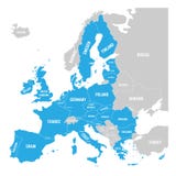 Political map of Europe with blue highlighted 28 European Union, EU, member states. Simple flat vector illustration royalty free illustration Political map of Europe with blue highlighted 28 European Union, EU, member states. Simple flat vector illustration royalty free illustration