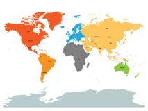 Political map of world with Antarctica. Continents in different colors on white background. Black labels with states and Royalty Free Stock Image Political map of world with Antarctica. Continents in different colors on white background. Black labels with states and Royalty Free Stock Image