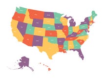 Politische Karte von USA, die Vereinigten Staaten von Amerika Bunt mit weißem Zustand nennt Aufkleber auf weißem Hintergrund Vekt vektor abbildung Politische Karte von USA, die Vereinigten Staaten von Amerika Bunt mit weißem Zustand nennt Aufkleber auf weißem Hintergrund Vekt vektor abbildung