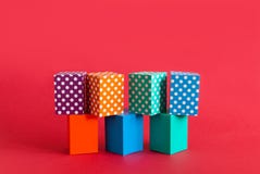 Polka dots pattern boxes abstract colorful on green orange blue blocks. Seamless design geometrical objects, red royalty free stock image Polka dots pattern boxes abstract colorful on green orange blue blocks. Seamless design geometrical objects, red royalty free stock image