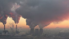 Polluting factory at dawn