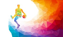 Polygonal σκιαγραφία τζαμπ σουτ παίχτης μπάσκετ στο ζωηρόχρωμο χαμηλό πολυ υπόβαθρο διανυσματική απεικόνιση Polygonal σκιαγραφία τζαμπ σουτ παίχτης μπάσκετ στο ζωηρόχρωμο χαμηλό πολυ υπόβαθρο διανυσματική απεικόνιση