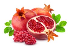 Pomegranate isolated. Group of pomegranates with leaves isolated on white background with clipping path royalty free stock photos Pomegranate isolated. Group of pomegranates with leaves isolated on white background with clipping path royalty free stock photos