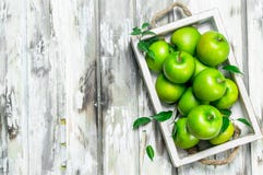 Pommes entières juteuses vertes dans une boîte en bois photos stock Pommes entières juteuses vertes dans une boîte en bois photos stock