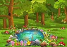Pond surrounded by flowers in the middle of the forest vector illustration Pond surrounded by flowers in the middle of the forest vector illustration