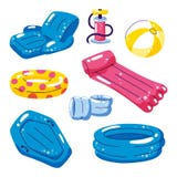 Pool cute kids inflatable floats, vector isolated design elements. Chair, ball, ring, pool, raft icons isolated on white vector illustration Pool cute kids inflatable floats, vector isolated design elements. Chair, ball, ring, pool, raft icons isolated on white vector illustration