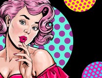 Pop Art illustration of amazed woman. Party invitation or birthday greeting card with pink hair attractive girl