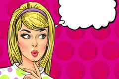 Pop Art illustration of girl with the speech bubble.Pop Art girl.Party invitation.Birthday greeting card.Hollywood movie star. royalty free stock image Pop Art illustration of girl with the speech bubble.Pop Art girl.Party invitation.Birthday greeting card.Hollywood movie star. royalty free stock image