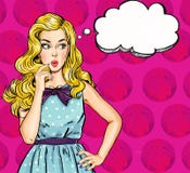 Pop Art illustration of girl with the speech bubble.Pop Art girl.Party invitation.Thinking woman