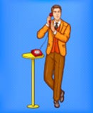 Pop art man talking on a retro phone and covering a microphone with his hand royalty free illustration Pop art man talking on a retro phone and covering a microphone with his hand royalty free illustration